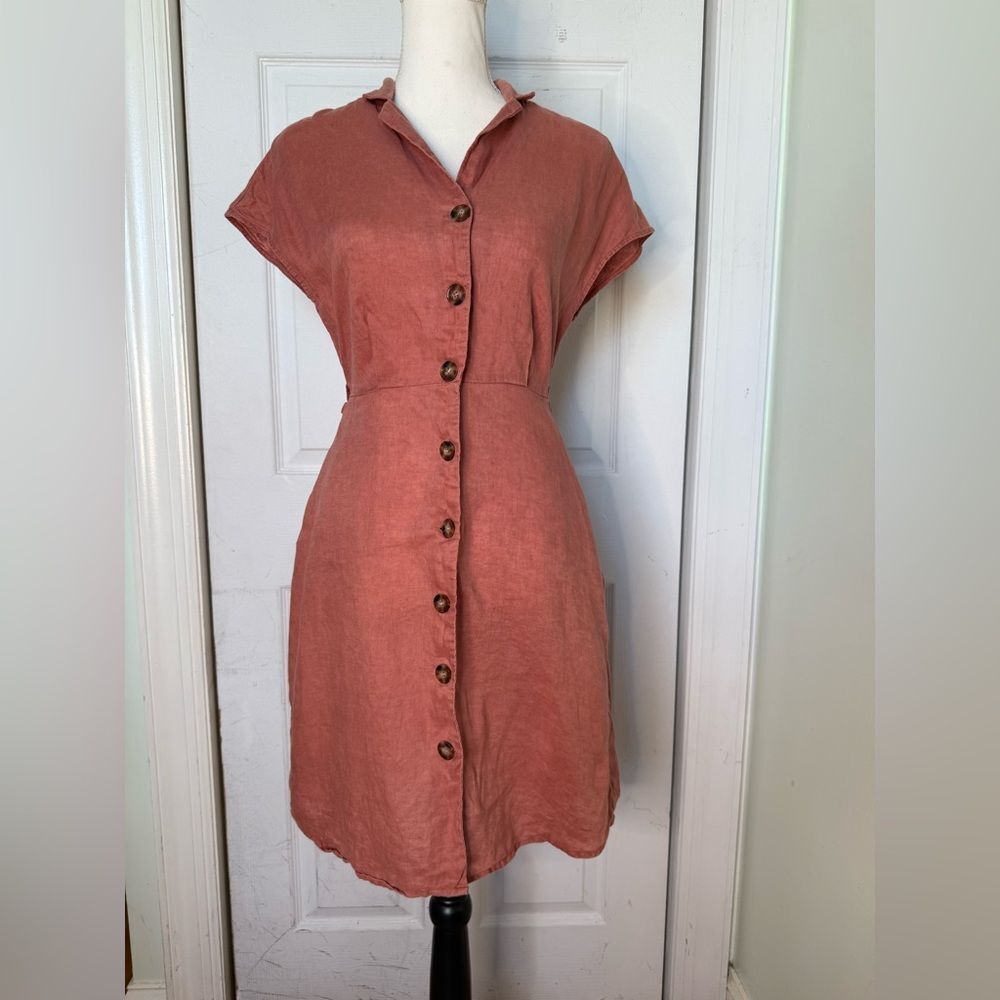 Mango Rust Button-Front Linen Midi Dress